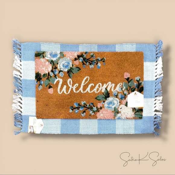 My Texas House Blue Layering Rug & Bunny Floral Coir Doormat Set – Easter Spring